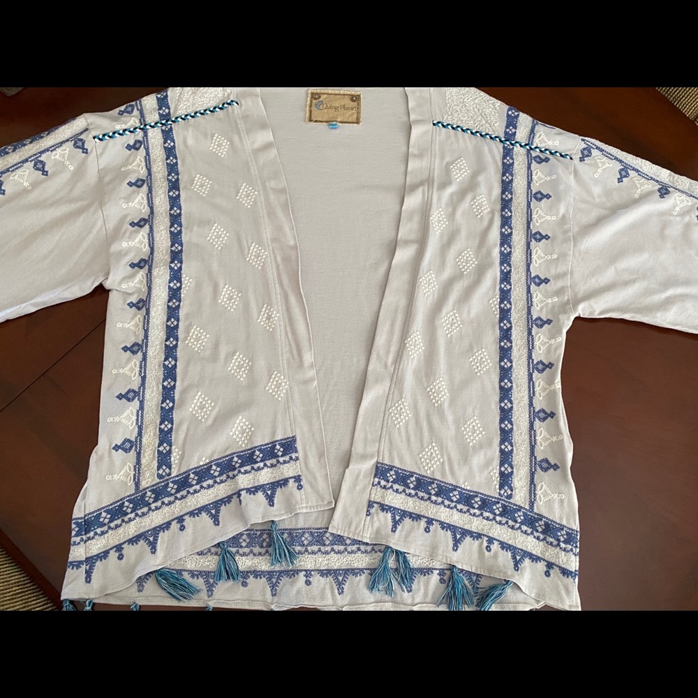 Living Planet cotton embroidered kimono w/ tassels